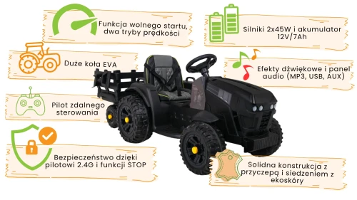 Czarne auto elektryczne dla dzieci traktor Titanium z przyczepką- infografika.webp