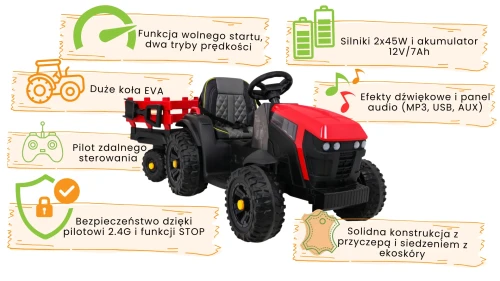 Czerwone auto elektryczne dla dzieci traktor Titanium z przyczepką- infografika.webp