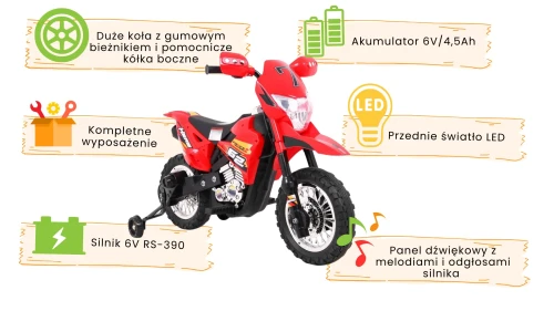 Czerwony motor elektryczny dla dzieci Motorek Cross infografika.webp