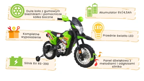 Zielony motor elektryczny dla dzieci Motorek Cross infografika.webp