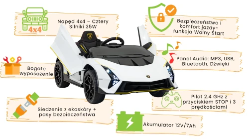 Białe autko na akumulator dla dzieci - infografika Lamborghini Invencible.webp