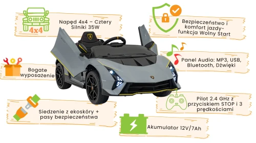 Szare autko na akumulator dla dzieci - infografika Lamborghini Invencible.webp