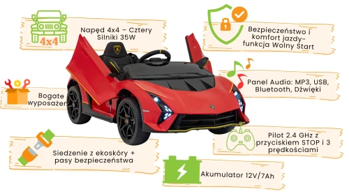 Czerwone autko na akumulator dla dzieci - infografika Lamborghini Invencible.webp