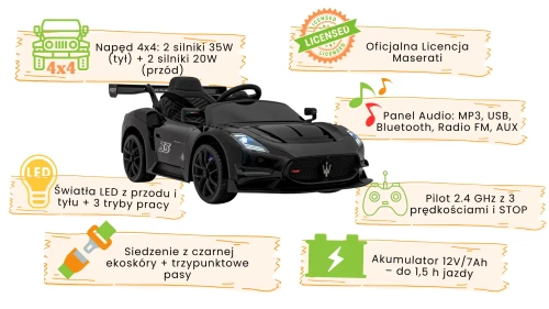 Czarne autko na akumulator dla dzieci Maserati MC20 GT2 infografika.webp