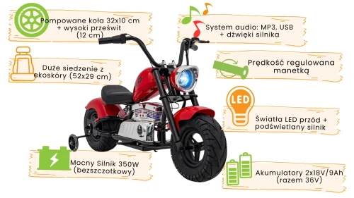 Czerwony pojazd Motorek Chopper Warrior infografika.webp