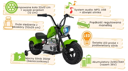 Zielony pojazd Motorek Chopper Warrior infografika.webp