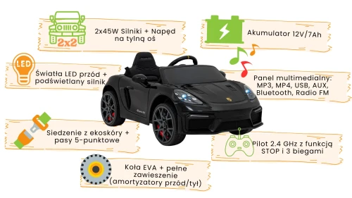 Czarne autko na akumulator dla dzieci Porsche Spyder RS 718 infografika.webp