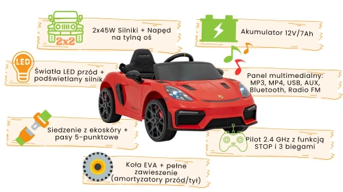 Czerwone autko na akumulator dla dzieci Porsche Spyder RS 718 infografika.webp
