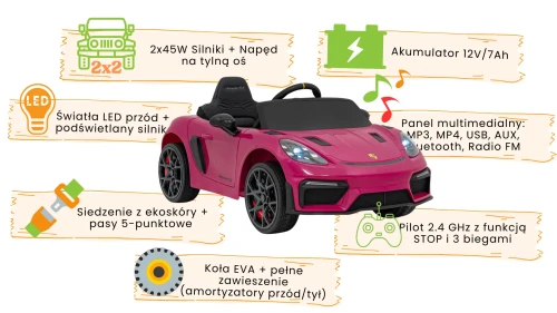 Różowe autko na akumulator dla dzieci Porsche Spyder RS 718 infografika.webp