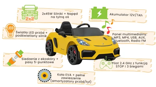 Żółte autko na akumulator dla dzieci Porsche Spyder RS 718 infografika.webp
