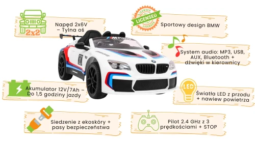 Białe autko na akumulator dla dzieci BMW M6 GT3 infografika.webp