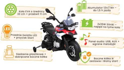 Czerwony pojazd Motor BMW F850 GS infografika.webp