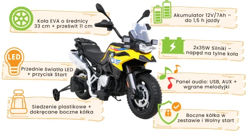Żółty pojazd Motor BMW F850 GS infografika.webp