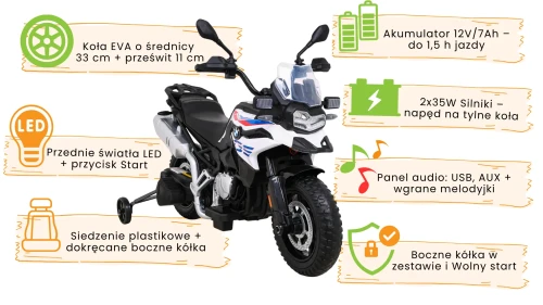 Biały pojazd Motor BMW F850 GS infografika.webp