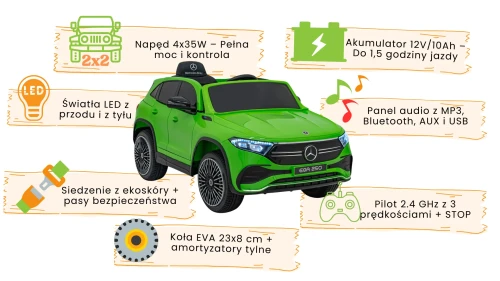 Zielone autko na akumulator dla dzieci Mercedes Benz EQA 250infografika.webp