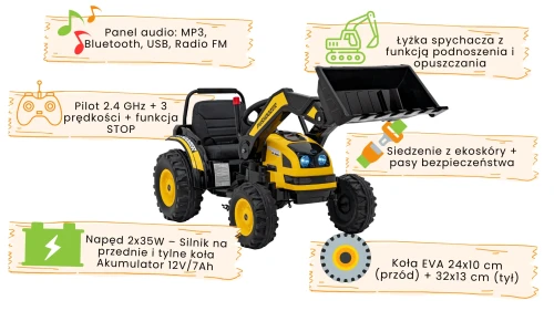 Koparka Traktor na akumulator dla dzieci Żółty infografika.webp