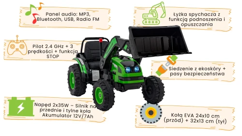 Koparka Traktor na akumulator dla dzieci Zielony infografika.webp