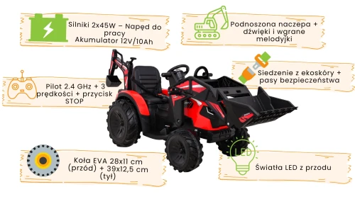 Czerwone auto elektryczne dla dzieci Traktor Ładowarka Z Przyczepą 720-T infografika.webp