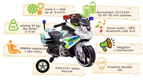Biały Motor Policyjny z Kogutem i Megafonem - Największy Model Policyjny.webp