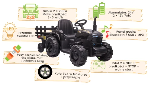 Traktorek dla dzieci Agriculture JC000B - Potężny Napęd 24V z Przyczepą.webp