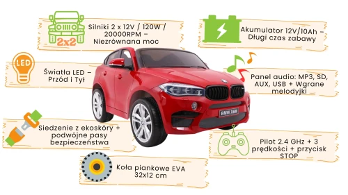 Czerwone SUV BMW X6M XXL dla 2 dzieci- infografika.webp