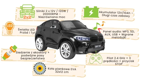 Czarny SUV BMW X6M XXL dla 2 dzieci- infografika.webp