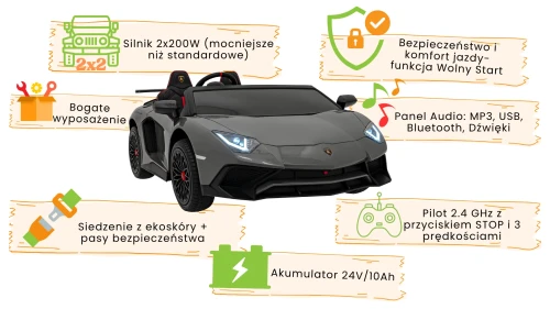 Szare autko na akumulator dla dzieci - infografika Lamborghini Aventador SV.webp
