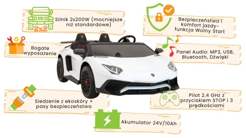 Białe autko na akumulator dla dzieci - infografika  Lamborghini Aventador SV.webp