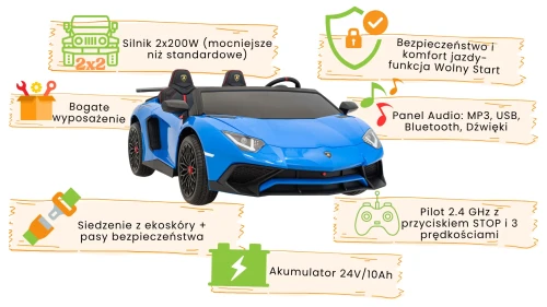 Niebieskie autko na akumulator dla dzieci - infografika Lamborghini Aventador SV.webp