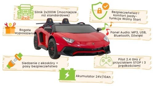 Czerwone autko na akumulator dla dzieci - infografika Lamborghini Aventador SV.webp