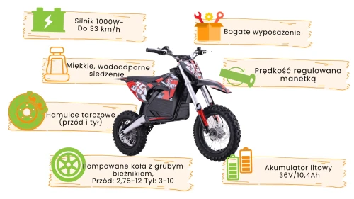 Czerwony Motorek na Akumulator PIT BIKE Cross Warrior infografika.webp