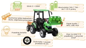 zielony traktor na akumulator dla dzieci z przyczepą i łyżką.webp