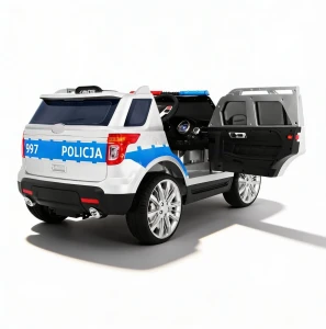 Samochód Policyjny na Akumulator - Polska Policja - Kogut + Megafon + Światła - widok z tyłu.webp