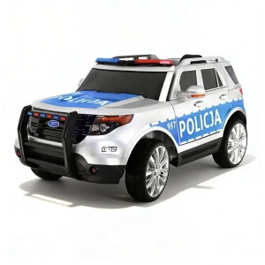 Samochód Policyjny na Akumulator - Polska Policja - Kogut Megafon Światła - widok z przodu.webp