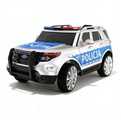 Samochód Policyjny na Akumulator - Polska Policja - Kogut Megafon Światła - widok z przodu.webp