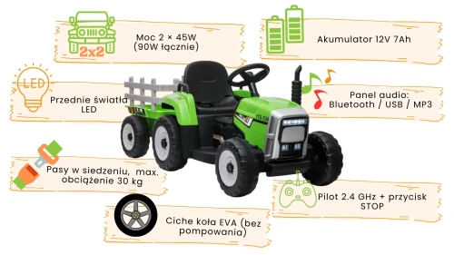 Traktor na Akumulator z Przyczepką - BLOW XMX-611, 2x45W, 12V 7Ah Zielony GUMIŚ - opis funkcji.webp