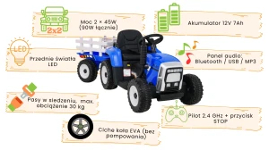 Traktor na Akumulator z Przyczepką - BLOW XMX-611, 2x45W, 12V 7Ah Niebieski GUMIŚ - opis funkcji.webp