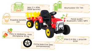 Traktor na Akumulator z Przyczepką - BLOW XMX-611, 2x45W, 12V 7Ah Czerwony GUMIŚ - opis funkcji.webp