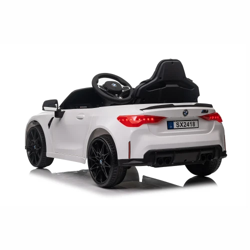Mocne BMW M4 Dla Dzieci z Licencją 12V 14Ah, 2x45W, SX2418 - Biały - widok lewy tyl i bok.webp