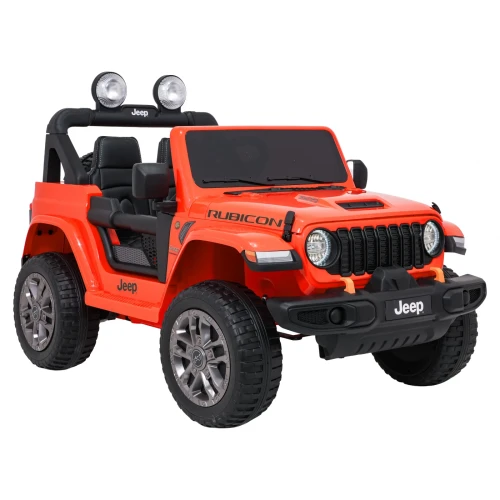 Bok auta na akumulator Jeep Wrangler Rubicon – profil nadwozia z napisem RUBICON, logo Jeep i masywne koła off-road w kolorze pomarańczowym..webp