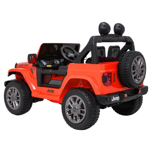 Dziecięcy Jeep Rubicon w ujęciu tylno-bocznym – aluminiowe felgi, terenowe opony i wygodne fotele w pomarańczowym elektrycznym pojeździe.webp