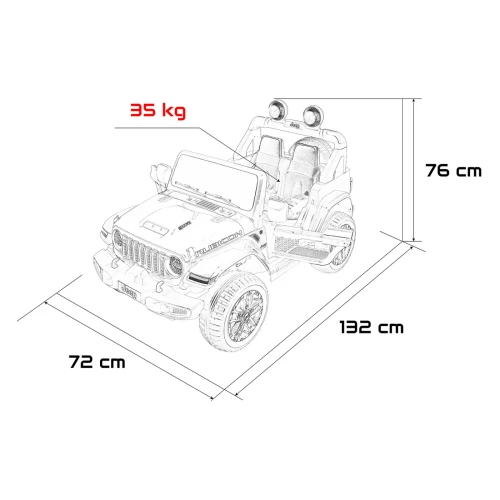Wymiary auta na akumulator Jeep Wrangler Rubicon – rysunek techniczny długość 132 cm, szerokość 72 cm, wysokość 76 cm, maksymalne obciążenie 35 kg..webp