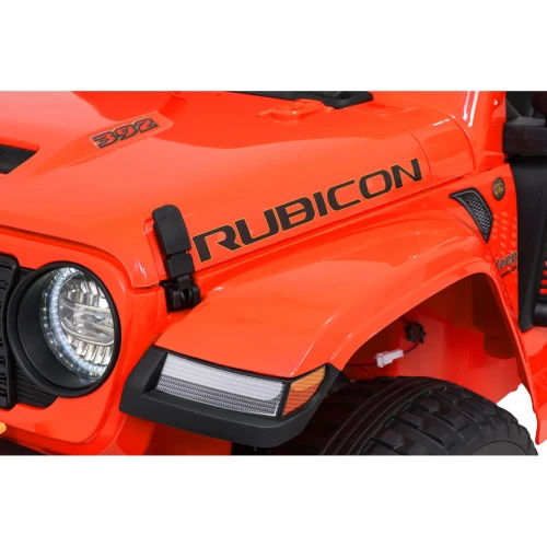 Maska pomarańczowego Jeepa Wrangler Rubicon – napisy RUBICON i 392 oraz połysk lakieru w aucie elektrycznym dla dzieci.webp