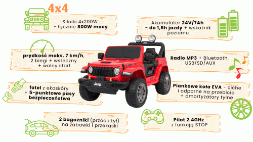 Jeep Wrangler Rubicon na akumulator dla dzieci czerwony 4x4 24V, silniki 4x200W, prędkość 7 kmh, funkcja bujania – infografika.webp