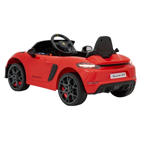 Ujęcie tyłu i boku z felgami oraz światłami LED – czerwone Porsche Spyder RS 718, pojazd na akumulator dla dzieci.webp