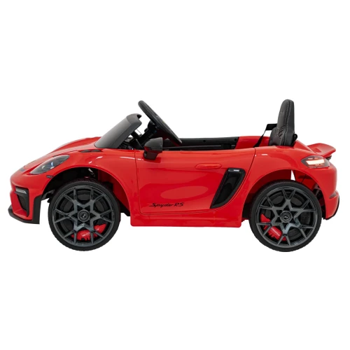 Widok z boku z profilem nadwozia i felgami – czerwone Porsche Spyder RS 718, auto na akumulator dla dzieci.webp