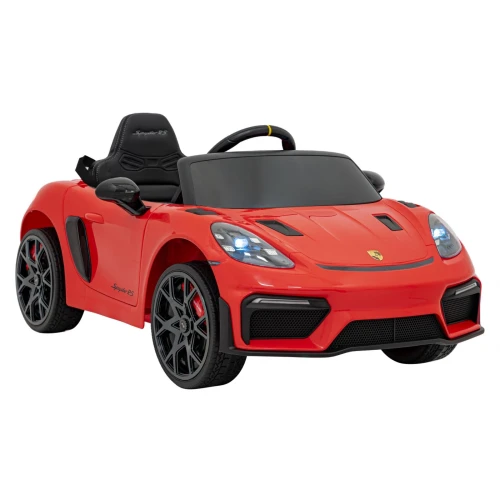 Widok z przodu i boku z reflektorami LED – czerwone Porsche Spyder RS 718 na akumulator dla dzieci.webp