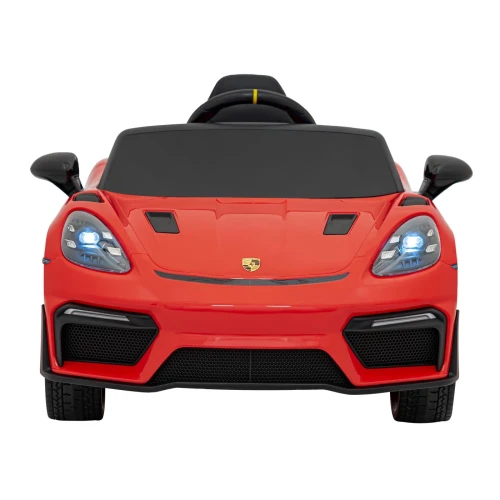 Widok z przodu z podświetlonymi reflektorami LED – czerwone Porsche Spyder RS 718 na akumulator dla dzieci.webp