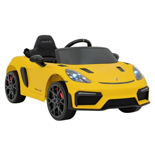 Widok z przodu i boku z reflektorami LED – żółte Porsche Spyder RS 718 na akumulator dla dzieci.webp