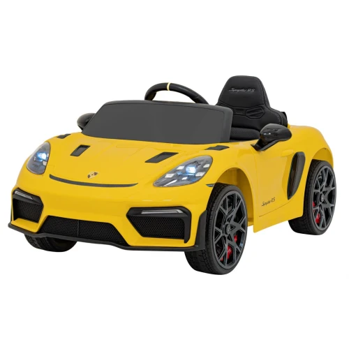 Żółte Porsche Spyder RS 718 z fotelem sportowym i felgami – auto elektryczne na akumulator dla dzieci.webp
